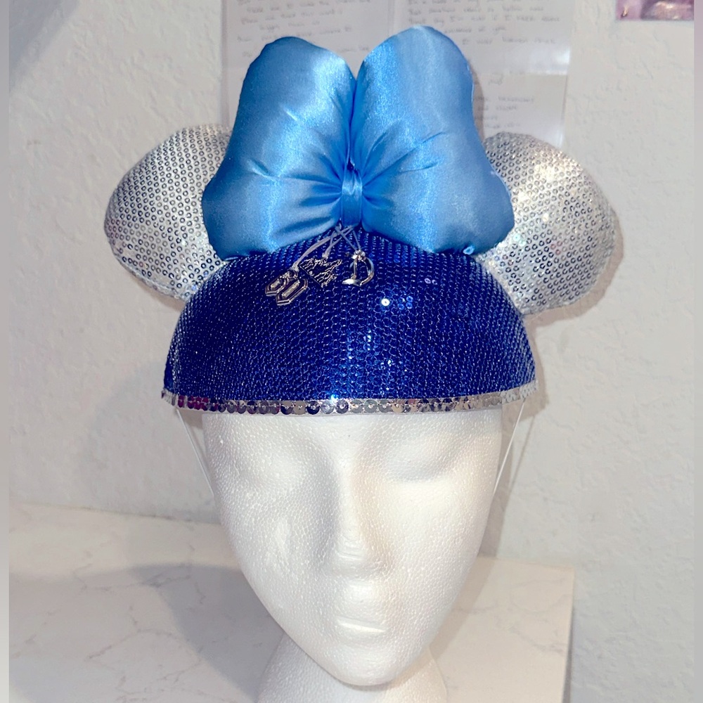 Disneyland 60 Anniversary Blue Sequin Minnie Ears Hat with silver ears NWT